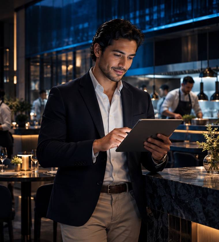 Ejecutivo revisando la atención de su negocio en una tablet
